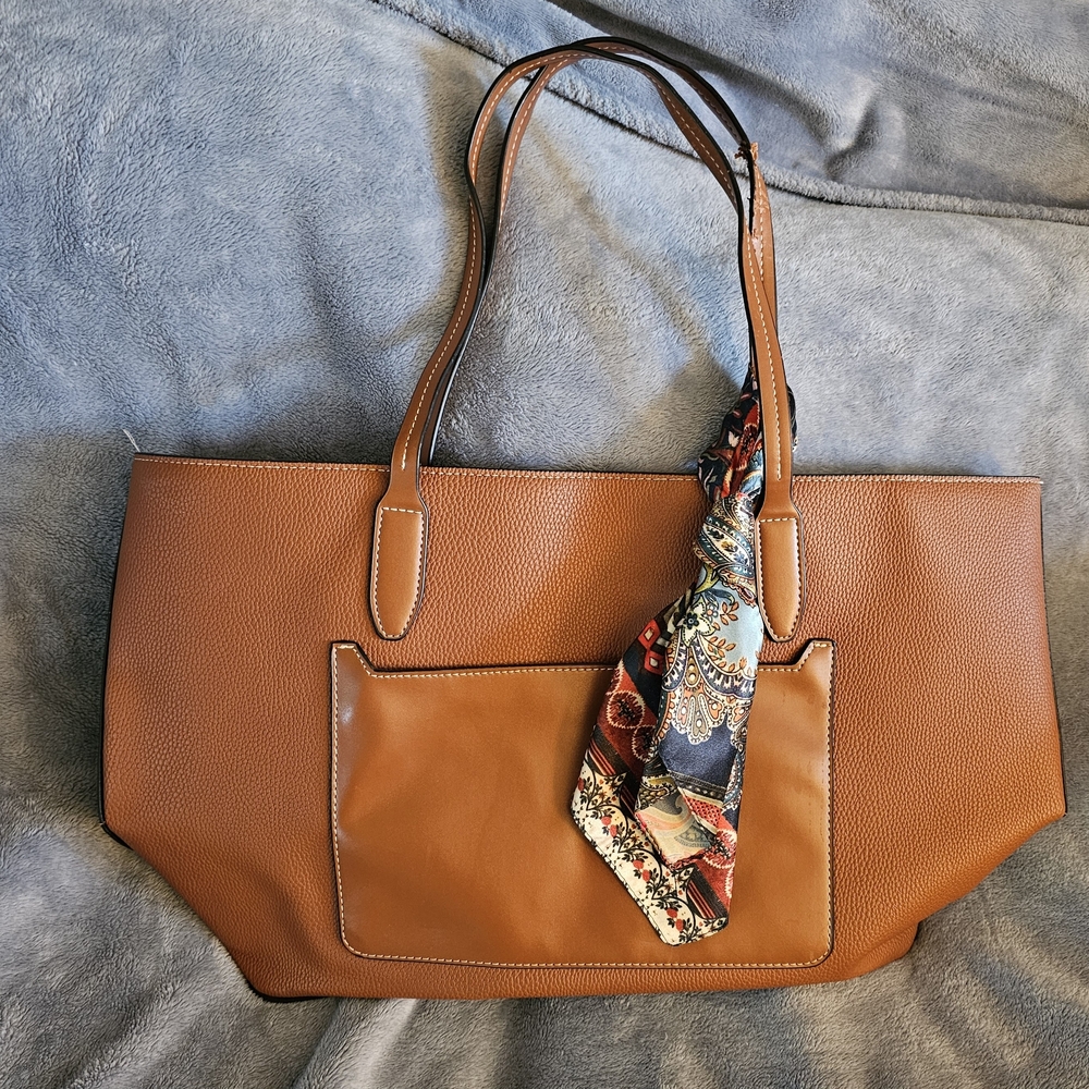 Elegant Tan Tote Bag with Scarf Accent